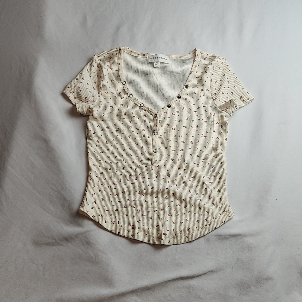 Sage + Stone Waffle Knit Henley Top Cream Floral Short Sleeve Women's Size XS